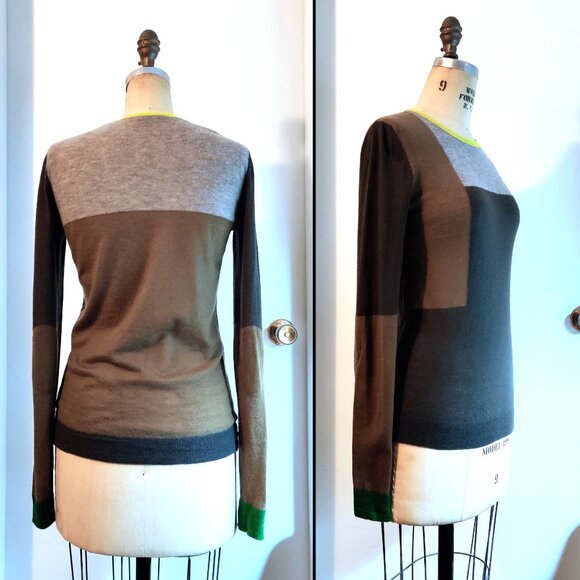 Joseph Grey Green Color Block Cashmere Crewneck Pullover Sweater Small Medium - Picture 3 of 7